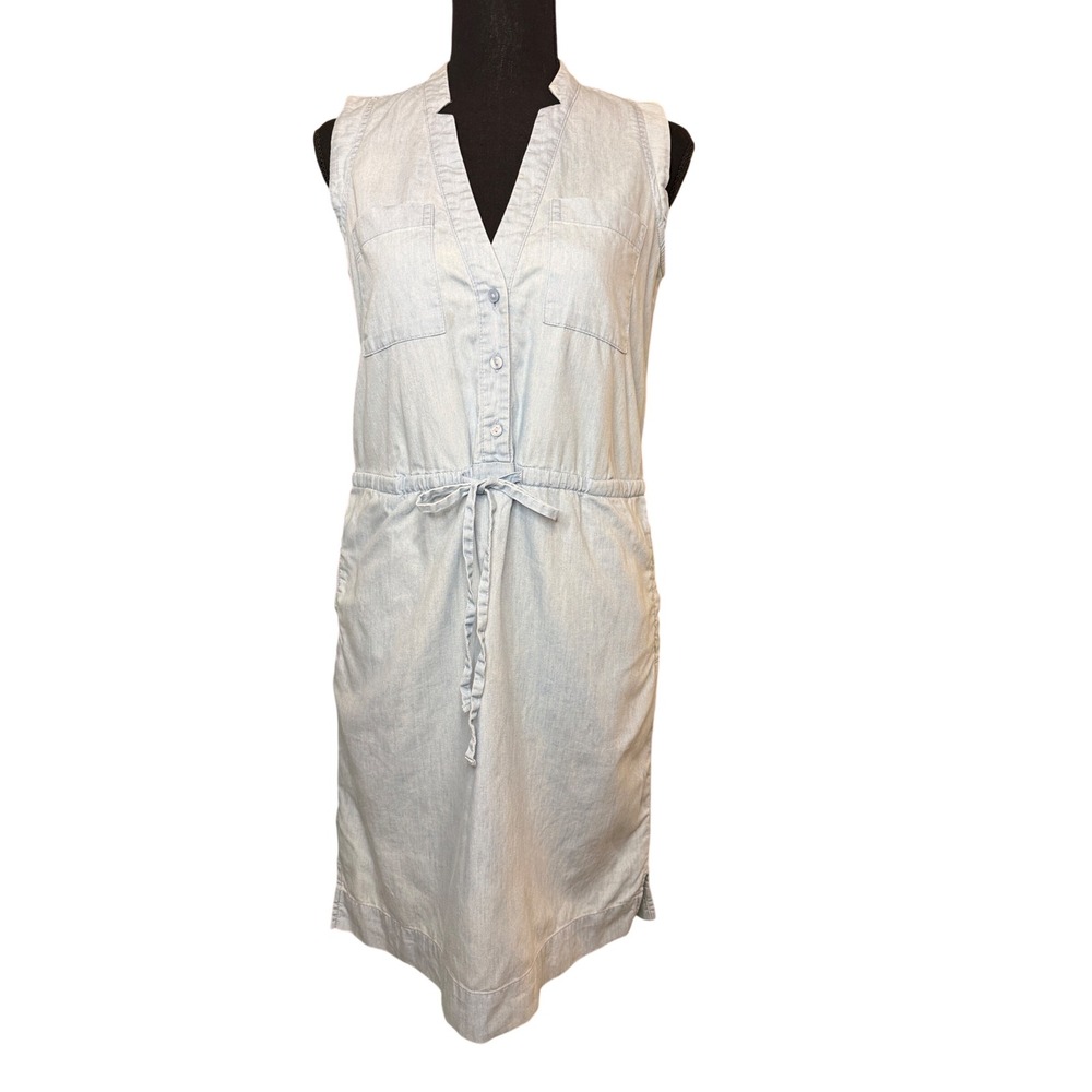 LOFT Womens XS Light Wash Chambray Sleeveless Drawstring Waist Pocket Shirtdress